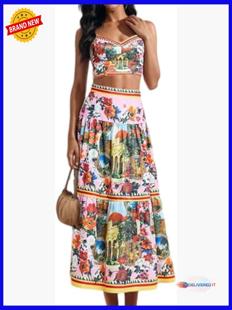 Women's 2 Piece Skirt Set Floral Halter Top Maxi Skirt Set Summer Outfit Sexy